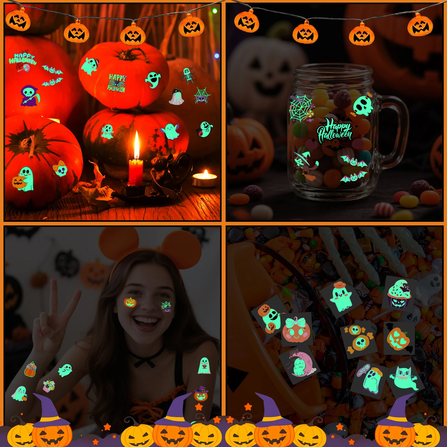 Luminous Halloween Temporary Tattoo Set - 10 Sheets of Assorted Designs for Party Fun and Gift-Giving