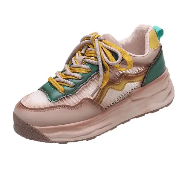 Women Thick-soled Shoes 2022 Summer Fashion New Lace-up Color-blocking Inner Height-increasing Single Shoes Breathable Sneakers