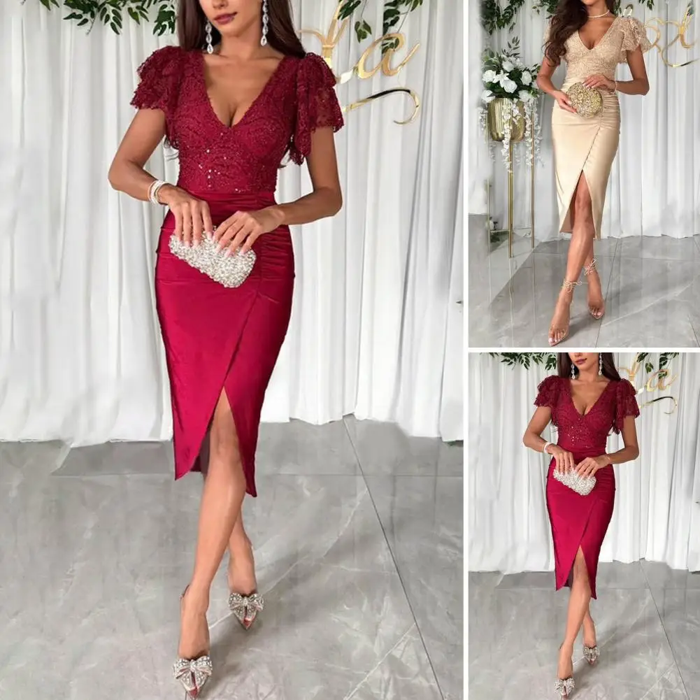 

Lace Slit Dress Elegant Lace Sheath Dress with Deep V Neck Ruffle Sleeves Split Hem for Prom Parties Dating V-neck Dress