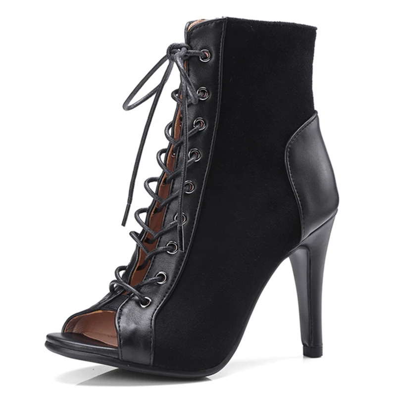 Black Summer Heels Ankle Boots For Women 2023 Spring Peep Toe Lace Up