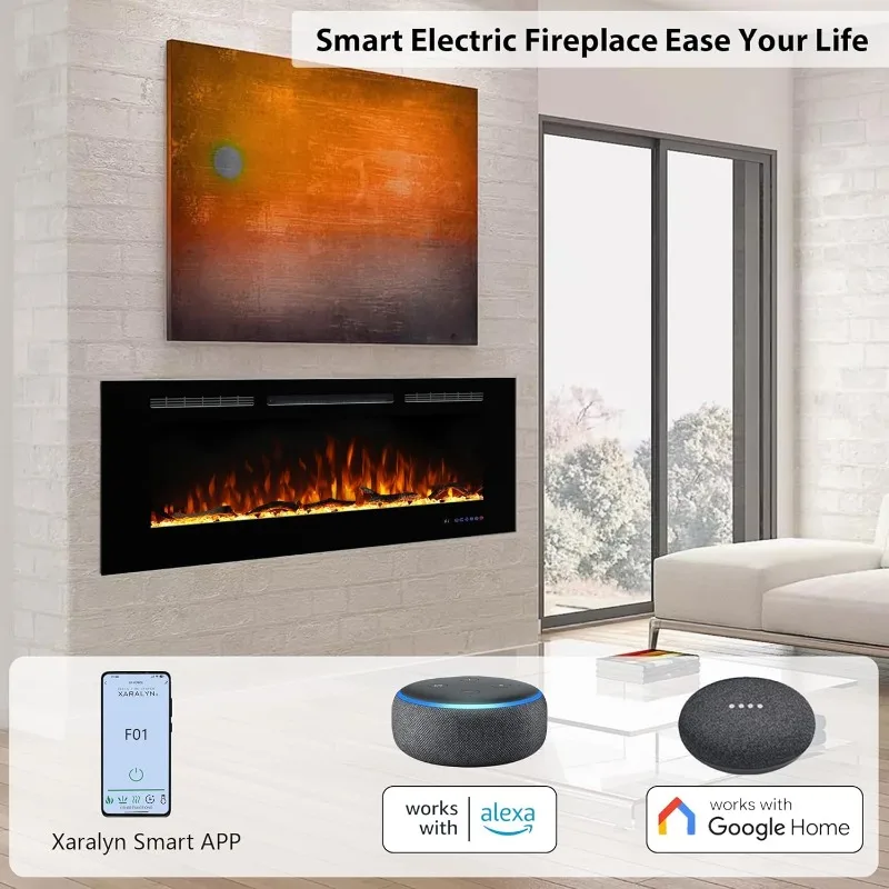 Electric Fireplace 60inches,Wall-Mounted Recessed Fireplace Inserts,Multicolor Flame w/5 Dimmer,Remote Control Thermostat,Timer