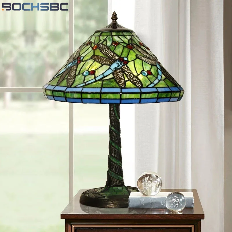 

BOCHSBC Tiffany Desk Lamp Dragonfly Green Blue Red Lampshade Home Decor Table Light Stained Glass Handicraft Enamel Arts Light
