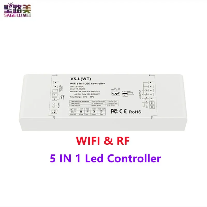 

V5-L(WT) WiFi 5 in 1 LED Controller DC12-48V Input 5Channel Output Tuya App 2.4G RF Push Dim for Led Strip Lights