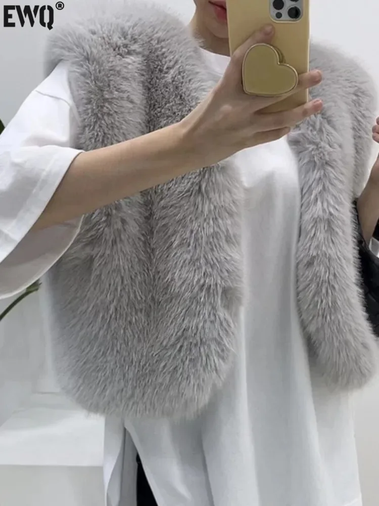 

[EWQ] Korea Chic Vintage Plush Loose Sleeve Sleeve Cardigan Faux Fur Vests Thick Warm Short Tank Tops Autumn 2023 New 16U5566