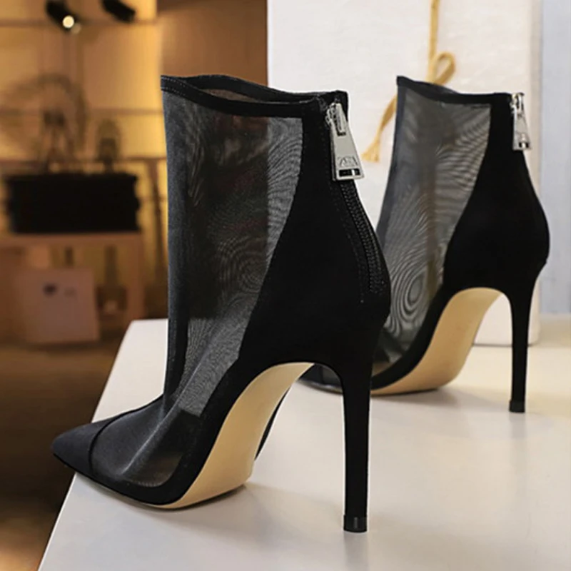 New Spring Autumn Sexy Mesh Women Ankle Boots Pointed Toe Fashion Zip Ladies Party Stiletto High Heels Shoes Size 34-40