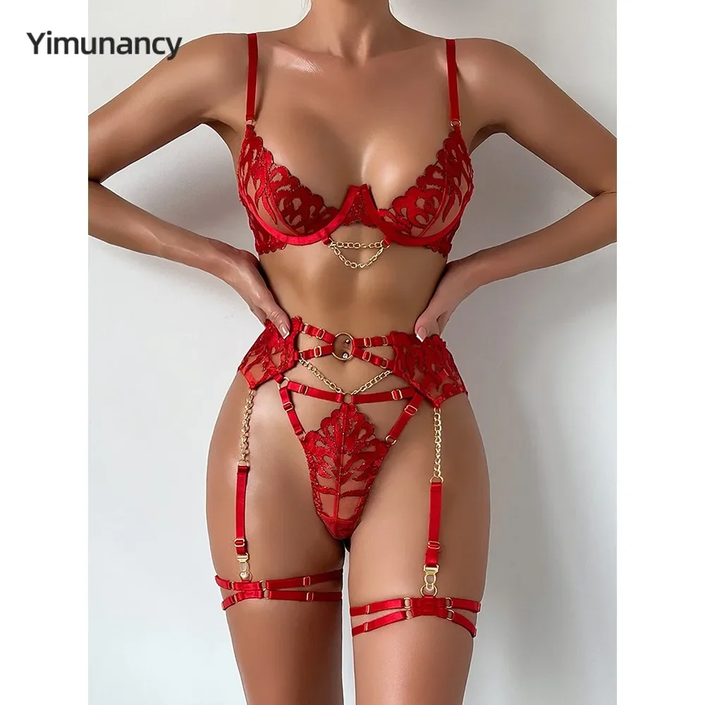 

Yimunancy Gothic Embroidery Sexy Lingerie Set Women Luxury Erotic Bra + Panty Underwear Set Chain Garter Kit