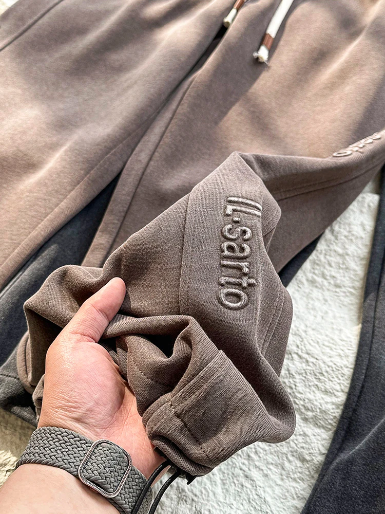 Men's Washed Distressed Sweatpants 320G Heavy Cotton Wide Leg Straight Jogger Pants Sportswear Knitted Casual Long Pants