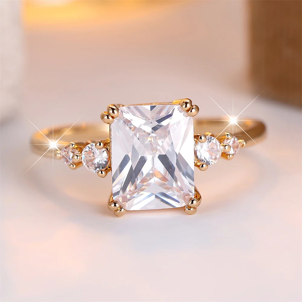 Minimalist White Zircon Rectangle Stone Rings For Women Fashion Gold Color Engagement Bands Wedding Jewelry Bridal Birthday Gift