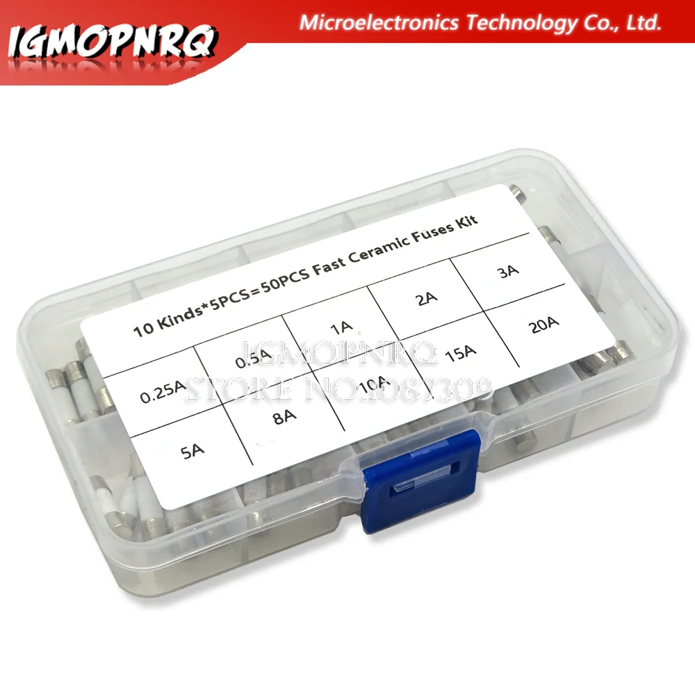50 Pz/Scatola 10 Tipi Veloce Ceramica Fusibili Kit Di 250V 5Mm X 20 Millimetri 0.25A 0.5A 1A 2A 3A 5A 8A 10A 15A 20 Amp Tubo Del Fusibile Assortimento
