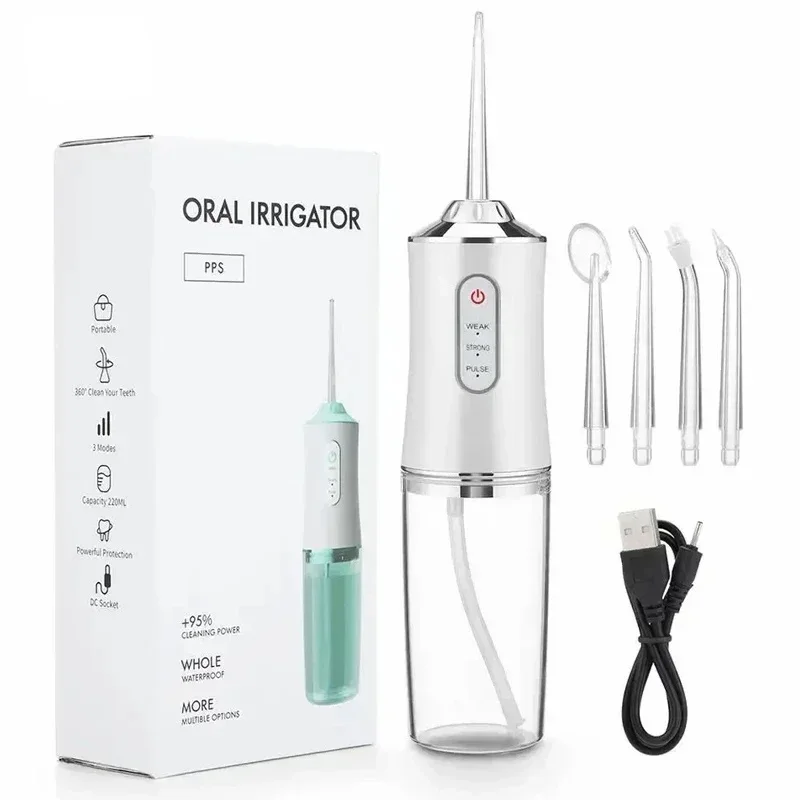 Oral Irrigator Portable Dental Water Flosser USB Rechargeable 4 Jet Tip 220ml 3 Modes Teeth Cleaner