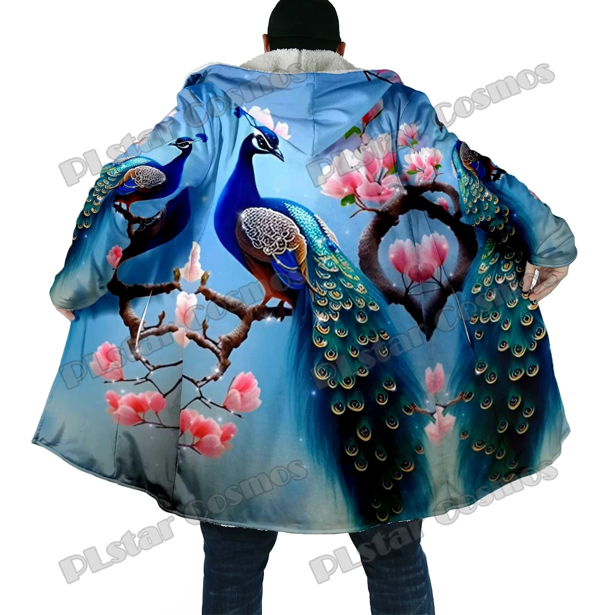 Winter Fashion Men's cloak Peacock And Flowers 3D All Over Printed Thick Fleece Hooded Cloak Unisex Casual Warm Cape Coat DP41