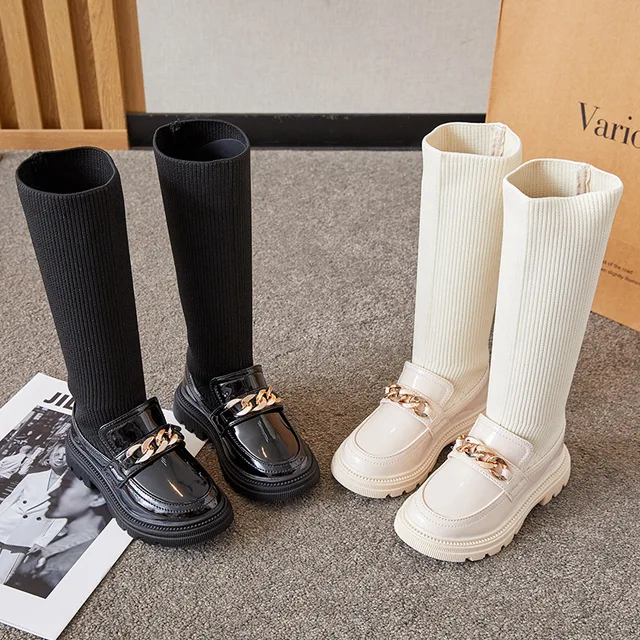 2022 New Winter Korean Over-the-knee Boot for Girls with Metal Chain Sock Boots Kids Fashion Solid Glossy Chic Girls Casual Shoe 1
