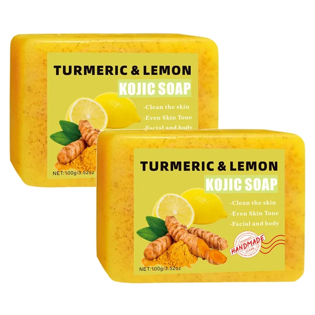 1/2 pièces citron curcuma acide kojique barre de savon, barre de savon au curcuma éclaircir même la peau vitamine E, savon au citron doux pour le visage, lavage du corps 1