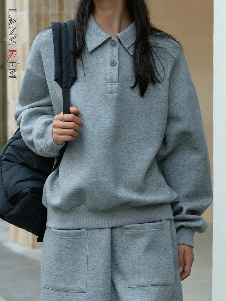 

[LANMREM] Casual Korean Style Pullover Sweatshirt For Women Lapel Long Sleeve Loose Female Tops Fashion 2024 Spring New 26D6327