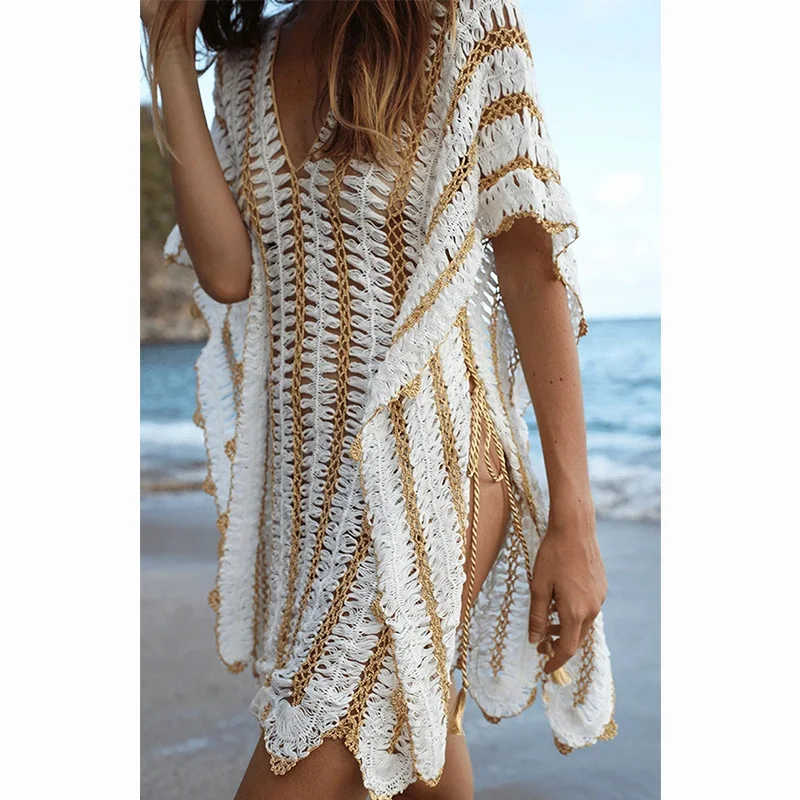 2022 Bikini Cover ups Solid Crochet Beach Cover-ups Sexy Hollow Out Knee-length Summer Dress Women Clothes Swimsuit Cover Up bathing suits with matching cover ups Cover-Ups