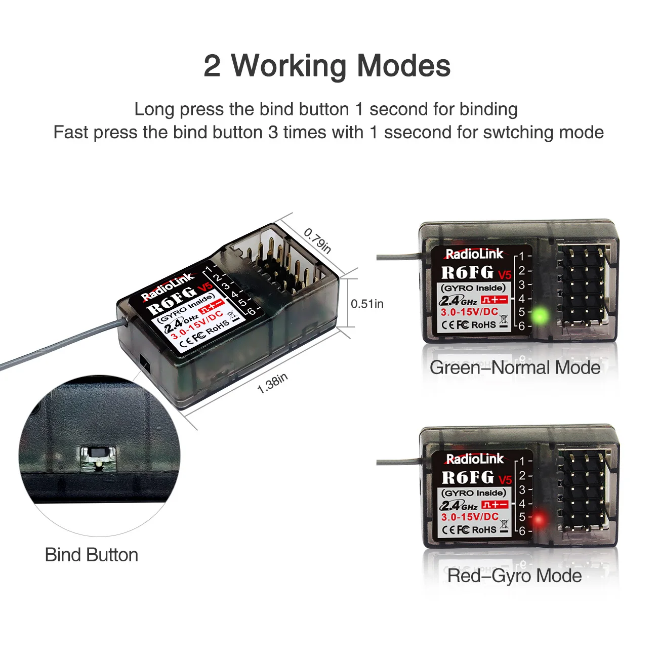 Radiolink R6FG 6-Kanal 2.4G Empfänger mit Gyro für RC