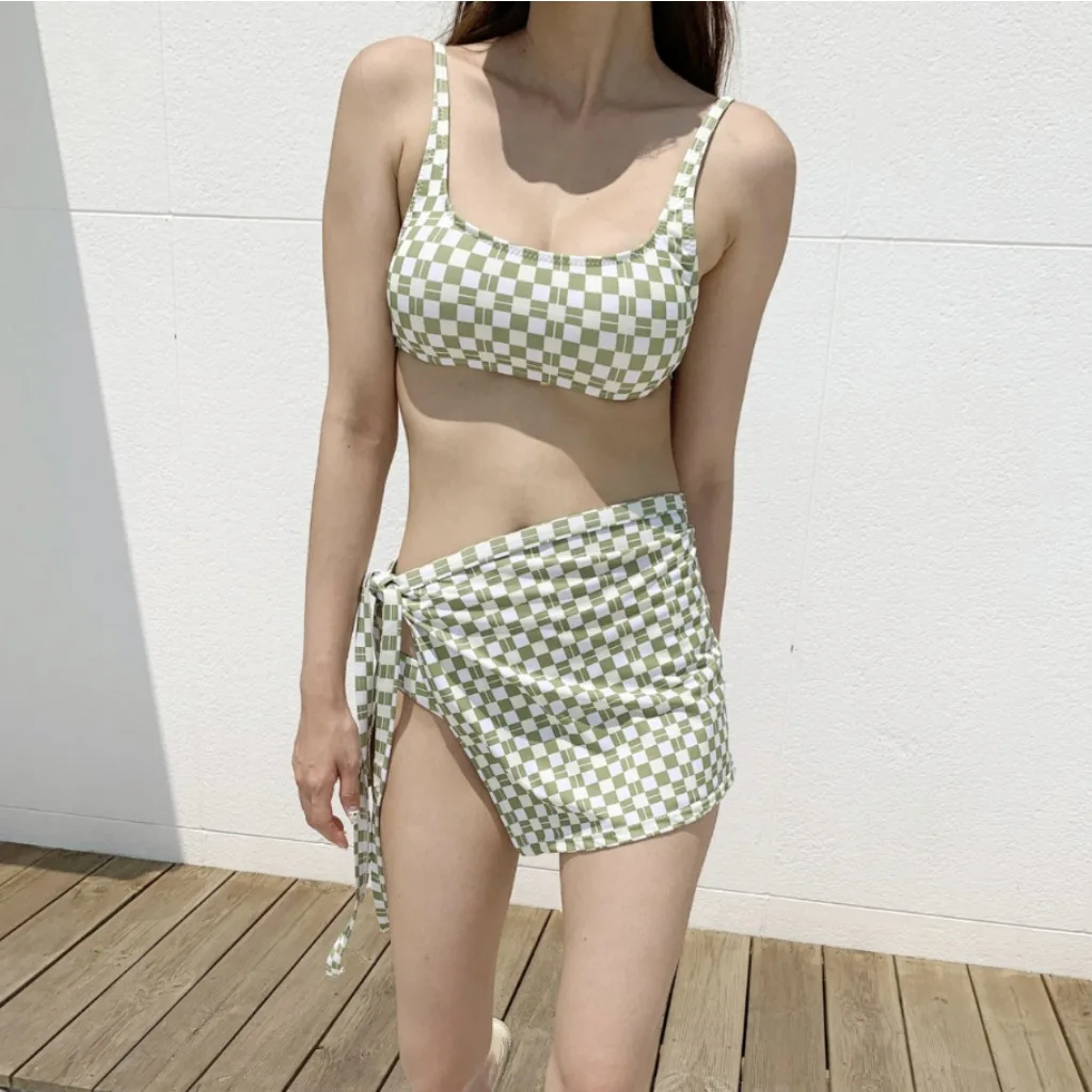 

Women 3-Piece Swimsuit Bikini Set with Lace-up Split Mini Skirt Sexy Korean Summer Vintage Plaid Beach Bathing Suit Y2k Swimwear