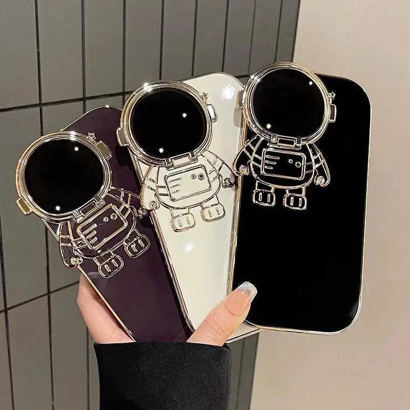 

Luxury Plating Camera Lens Astronaut Stand Holder Case for IPhone 11 12 13 14 Pro Max 15Plus Soft Silicone Shockproof Back Cover