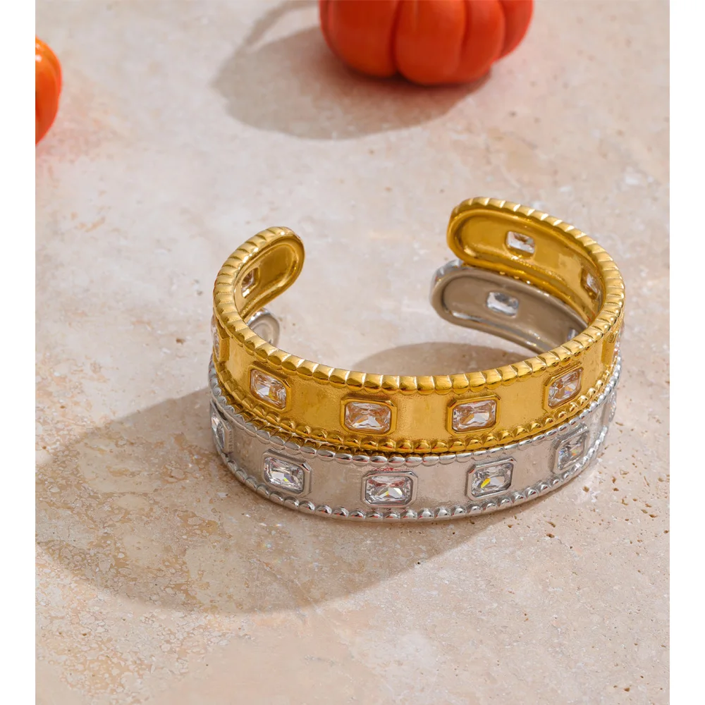 Yhpup 62mm Stainless Steel Square Zirconia Cuff Bracelet
