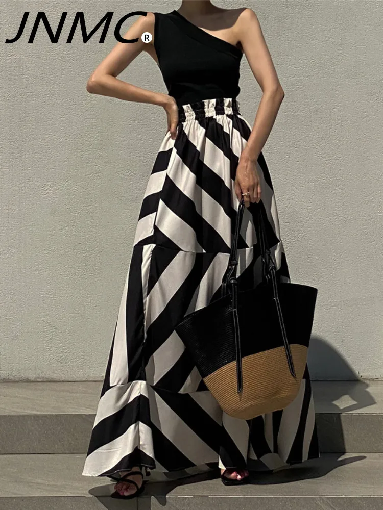 

JNMC Leisure And Minimalist Slanted Shoulder Vest With Irregular Stripes Half Skirt Set For Women's 2024 Spring Summer New Style