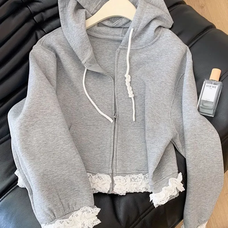 Lace Patchwork Sweet Hoodies Women Spring Preppy Style Long Sleeve Cute Sweatshirt Fashion Pockets Female Loose Korean Tops New