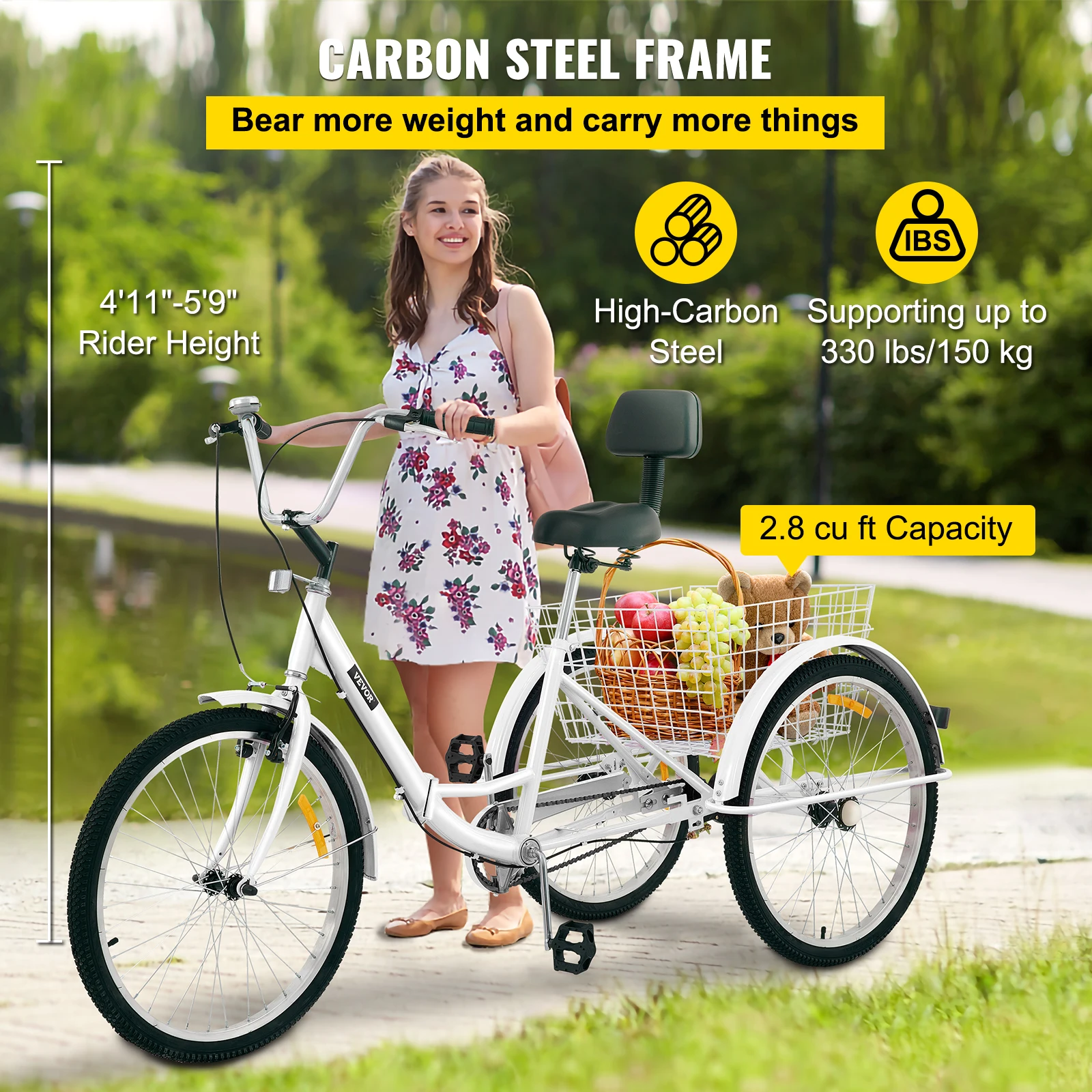 24 inch Folding Adult Tricycle 3 Wheel Trike Bike 1/7 Speed High-Carbon Steel Cargo Trailer Pet Cart Outdoor Travel