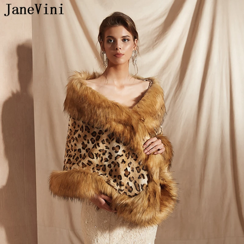 JaneVini Leopard Print Ladies Bridal Bolero Faux Fur Wrap Shawl Women Evening Jacket Shrugs Brown Wedding Capes Chal Novia Boda