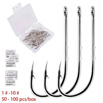 100pcs/Box Silver Long Shank Fishing Hook#1-#12 1