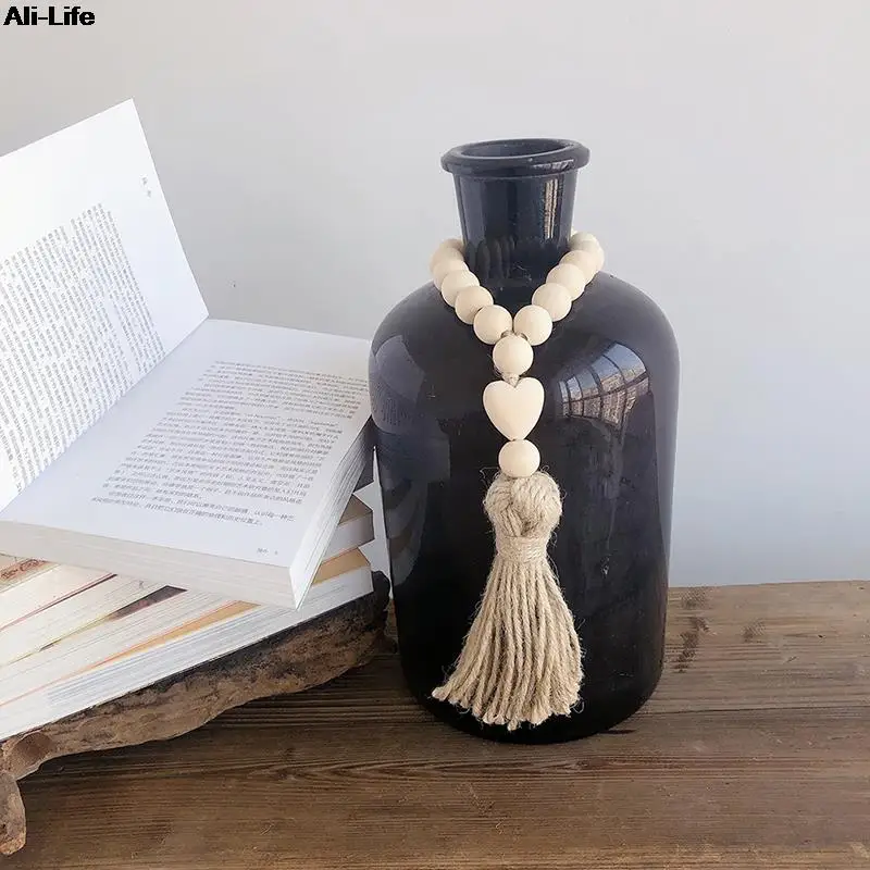 1Pc Log Color Wood Bead Garland Rustic Wall Hanging Hemp Rope Tassel Beaded with Heart Knot Woven Pendant Home Decoration wall art decor wall hanging pendant christmas garland decoration wood beads ornaments