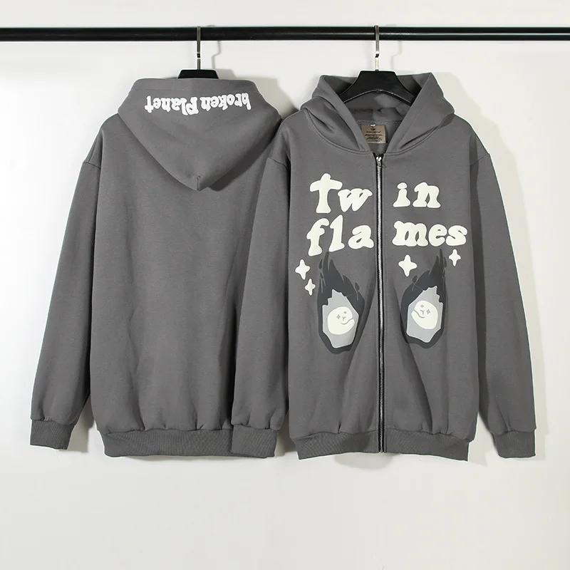 

High Street Twin Flame Foam Printed Hoodie Men Women Loose Chest Zipper Hooded Sweatshirt Retro Grey Fleece Pullover