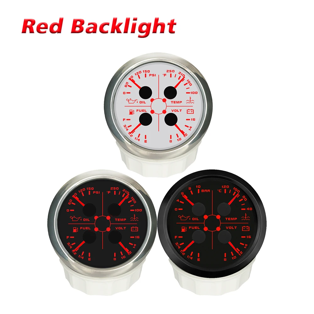 ELING 85mm 4IN1 다기능 게이지 연료 레벨 오일 압력 수온 전압계 12V 방수 레이싱 선박 요트용