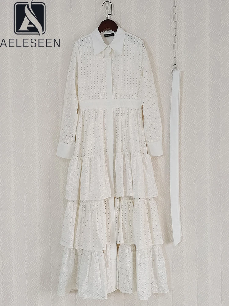 

AELESEEN Women Cotton Shirt Dress Runway Fashion White Hollow Out Belt Cascading Ruffles Long Elegant Party Vacation