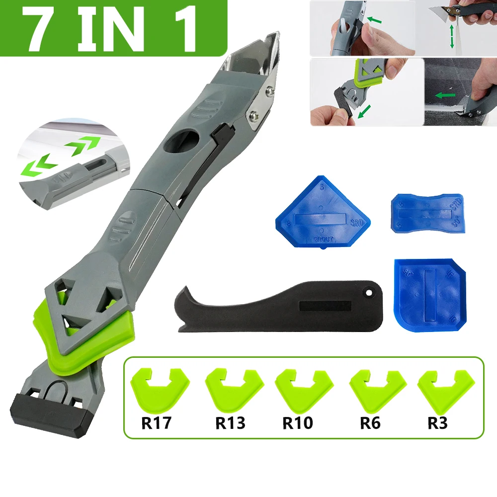 Silicone Scraper Tool Set 7 In 1 Floor Caulk Finisher Grout Kit Glass Glue Angle Scraper Tool