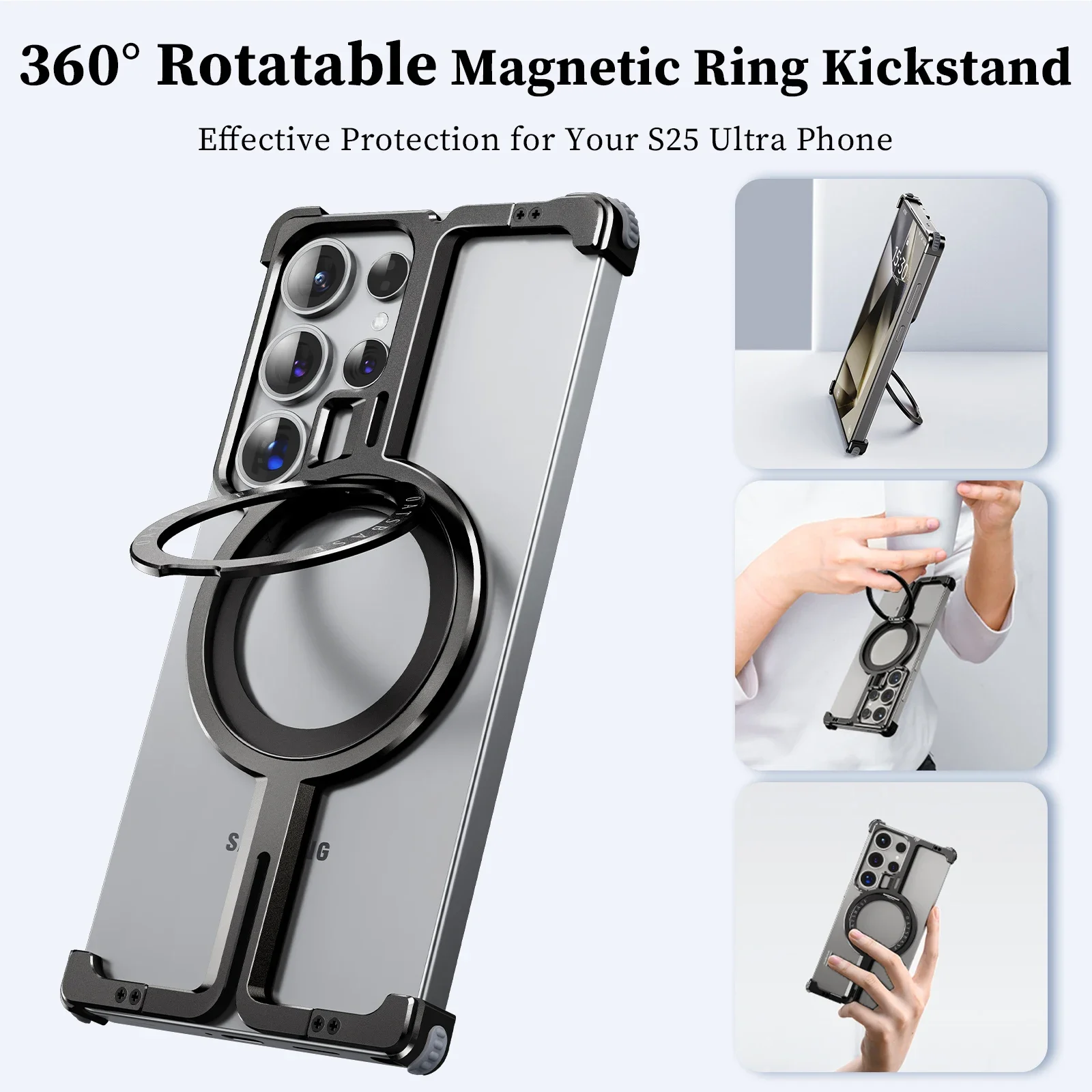 Eary Frameless Phone Case with Samsung Galaxy S25 Ultra with Magsafe 360°Rotatable Magnetic Kickstand Minimalist Metal Cover