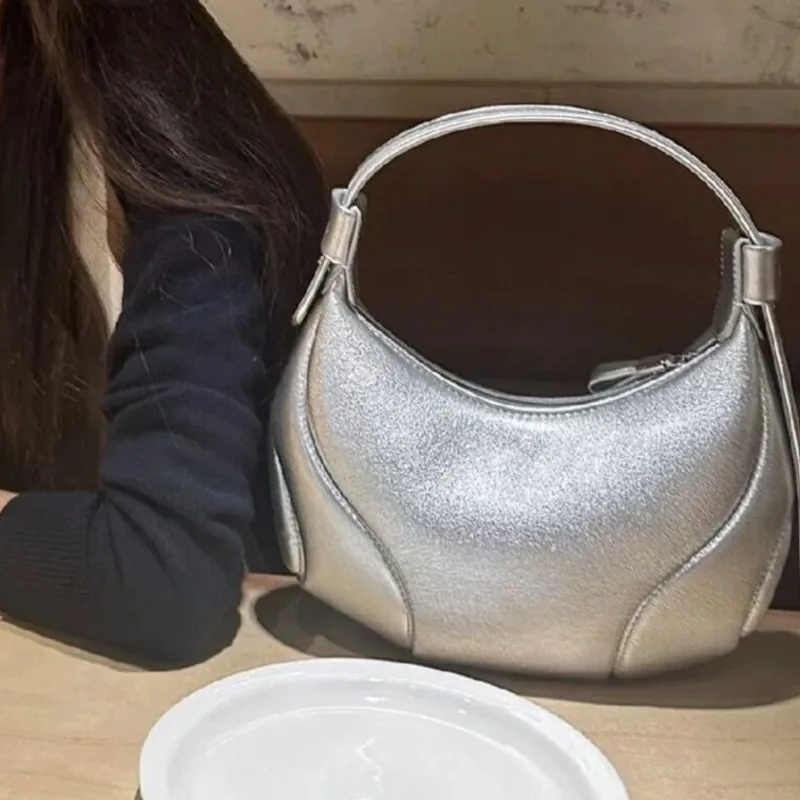 Retro Silver Zipper Tote Bag Women Stitching Leather Large Capacity Shoulder Bag Ladies Hot Girl Fashion Trendy Y2k Underarm Bag