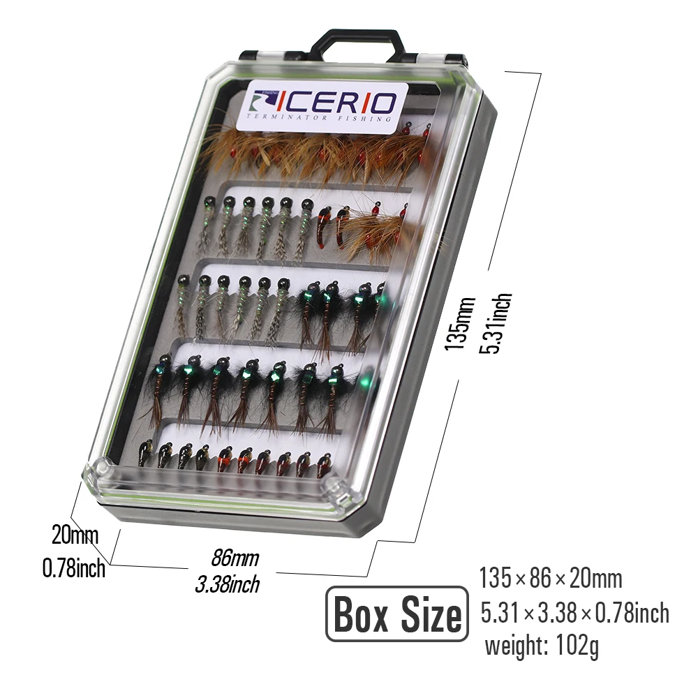 ICERIO 48PCS Nymph Kit Tungsten/Copper Beadhead Jig Euro Nymphs Barbless Hook Perdigon Nymphs Trout Fishing Fly Lure Baits