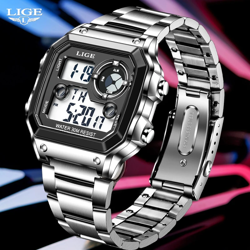 LIGE Men Digital Electronic Watches LED Sport Military Mens Quartz Wristwatch Male Luminous Waterproof Clock Relogio Masculino 2023 men women couple lovers flexible elastic strap quartz watch simple stainless steel electronic luminous hands wristwatches