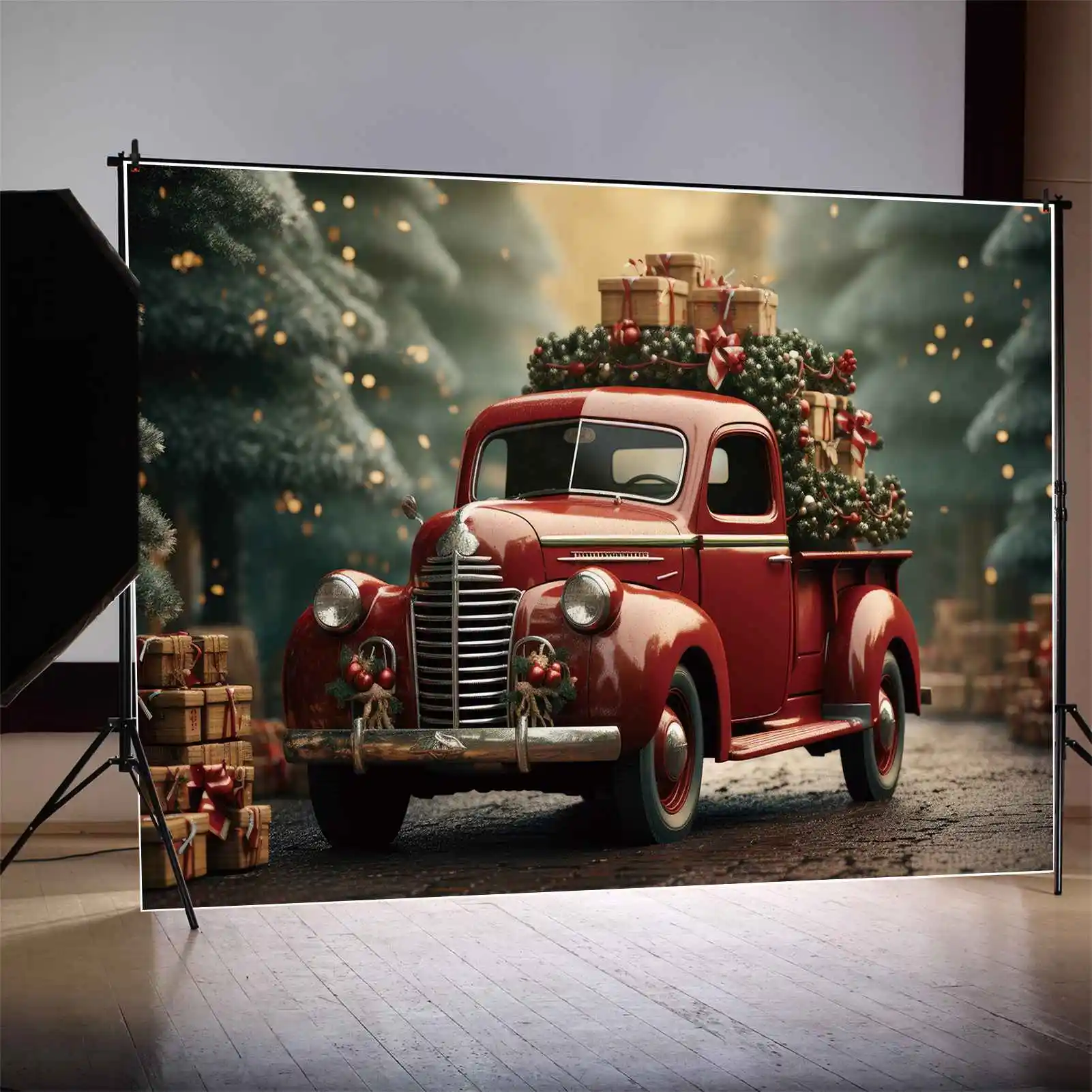 Moon.Qg Fotografia Sfondo Decorazione Natalizia Red Car Train Photo Background Gold Light Pine Tree Ball Studio Shooting Puntelli