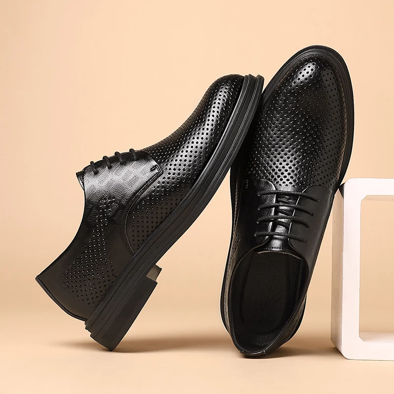 Mens Leather Dress Shoes Summer Elevator Shoes Men Dress Shoes 3/6/8 Cm Men Formal Hollow Classic Business Luxury Oxfords Footwear Suit
