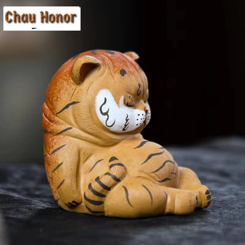 Yixing Handmade Sculpture Purple Clay Tea Pet Cute Tiger Statue Lucky Tea Figurine Ornaments Crafts Chinese Tea Set Decoration
