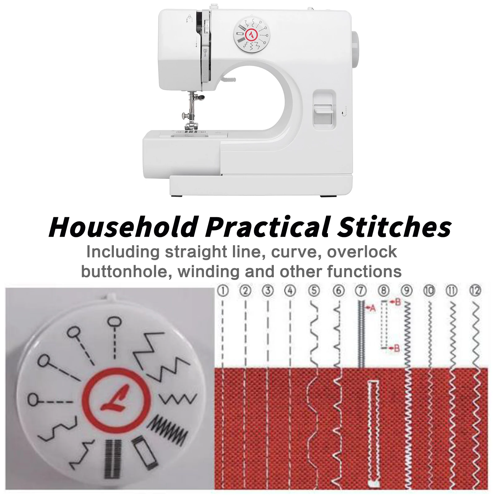 725 Household Mini Sewing Machine Electric 12 Stitches Sewing Machine with Foot Pedal Multifunctional Design UK Plug