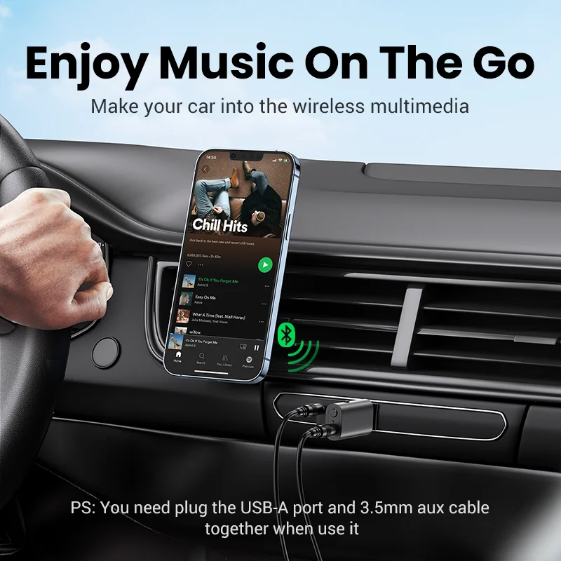 UGREEN-2 인 1 블루투스 차량용 어댑터, 블루투스 5.1, 스테레오 송신기 수신기, 무선 3.5mm Aux 잭 어댑터, 차량용 키트 마이크