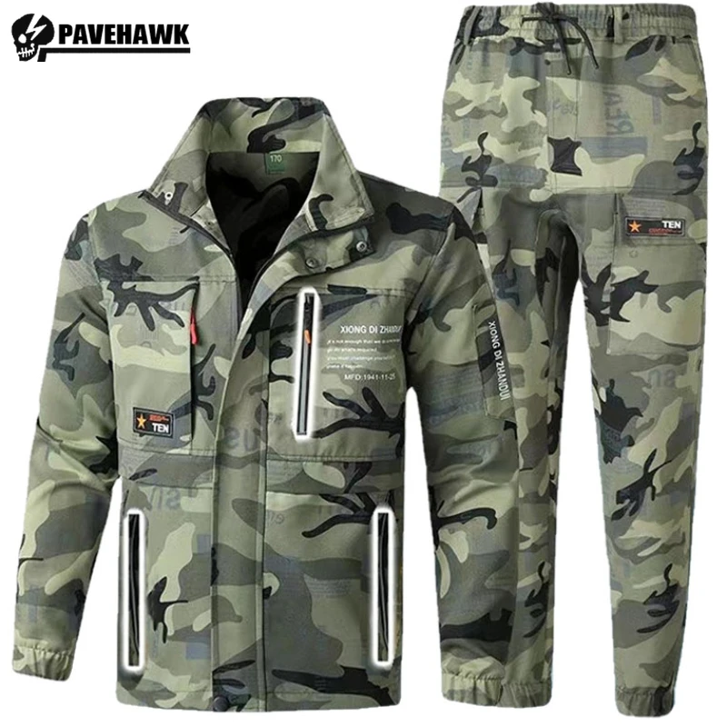 

Camouflage Work Suit Mens Cotton Reflective Zipper Pocket Wear-resistant Workwear Multiple Pockets Jacket+cargo Pants 2-pcs Set