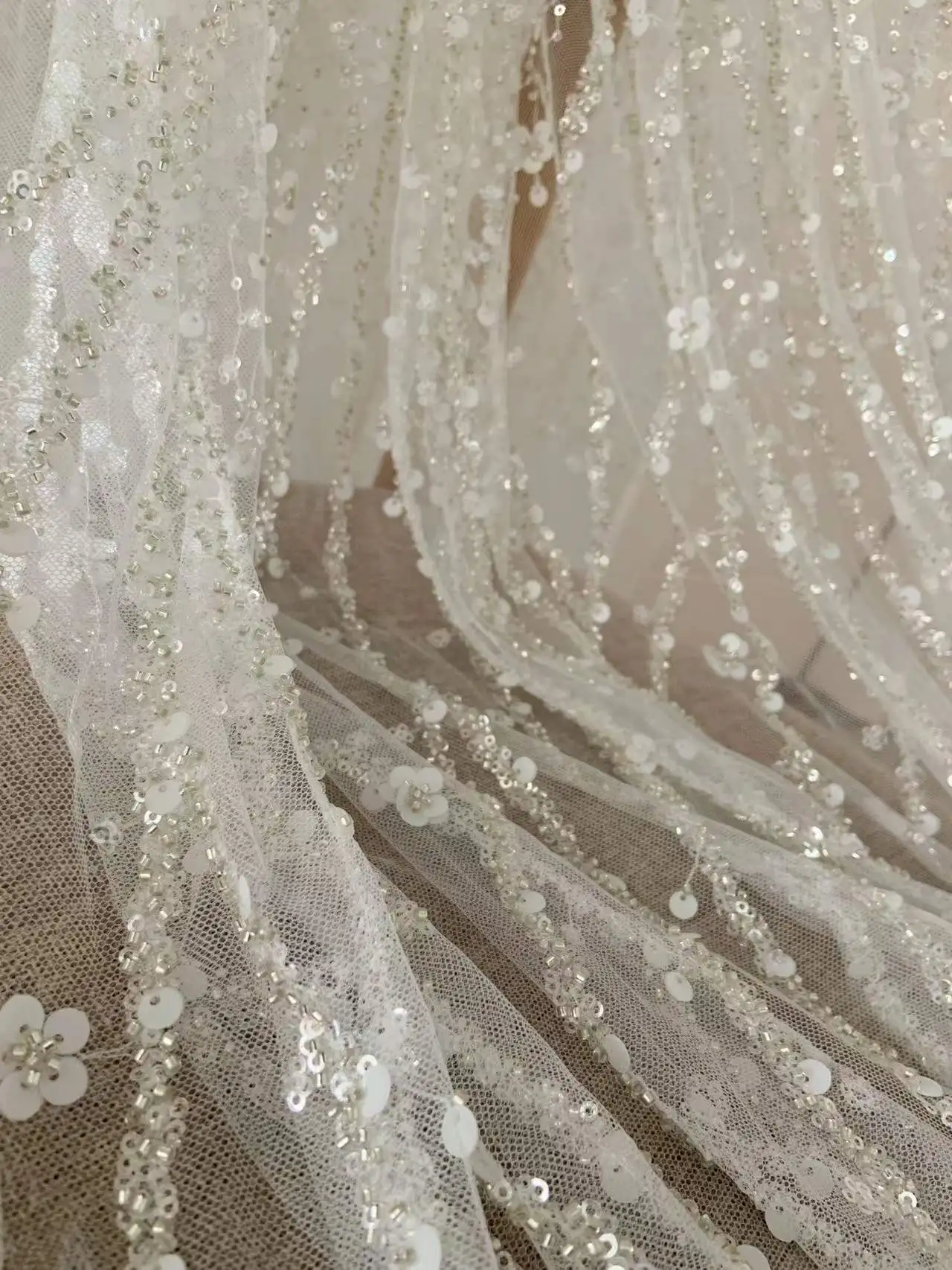 

5 Yards Off White Shining Floral Branches Tulle Fabric Mesh Lace Gauze with Bead for Bridal Veil,Wedding Dress