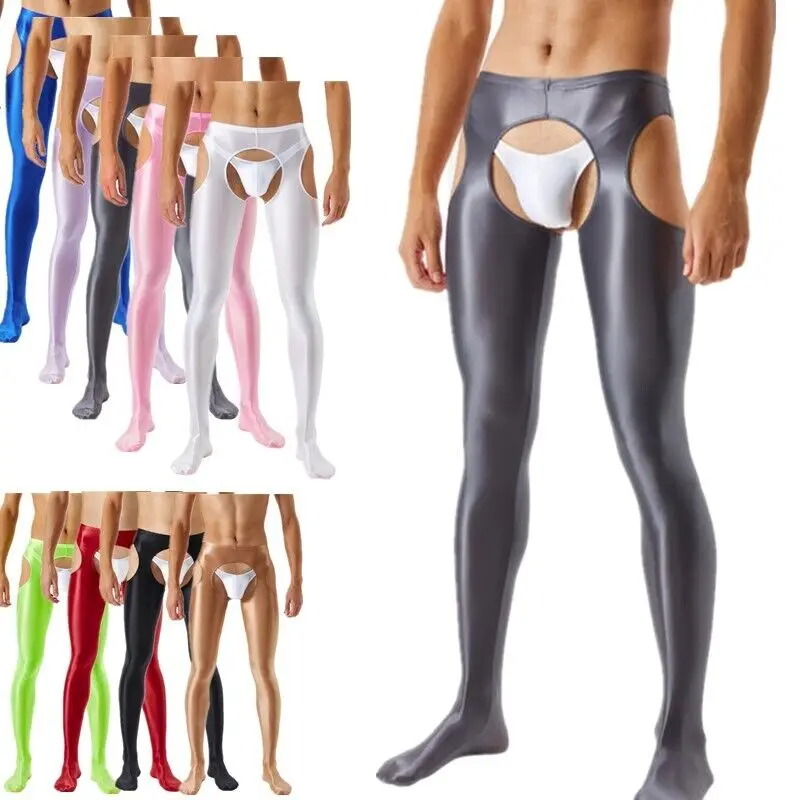

Men Shiny Oil Glossy Pantyhose Hollow Out Crotchless Long Pants Tights Trousers Underwear