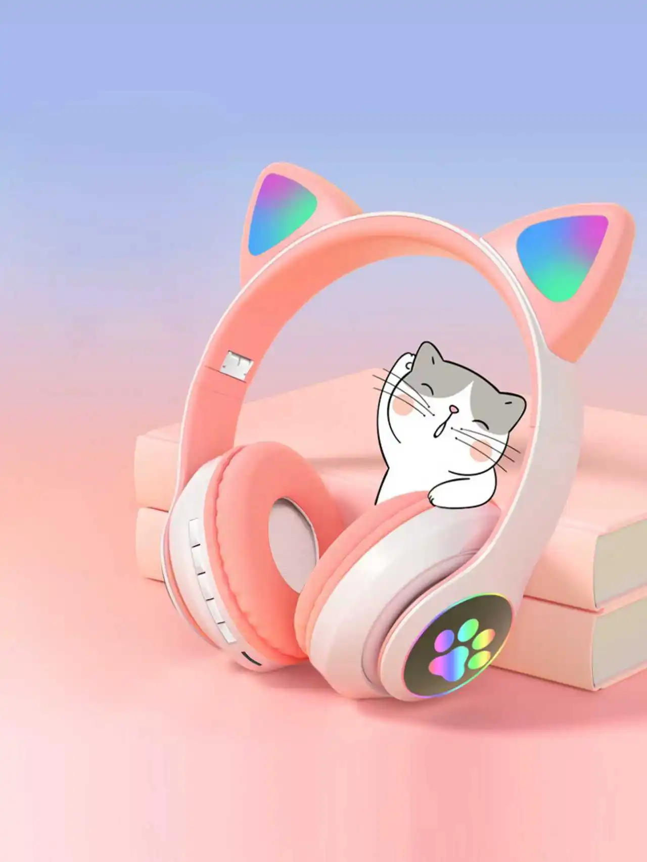 Cute LED Glowing Cat Ear Bluetooth Headphones Long Lasting Battery Deep Bass Foldable Wireless Sports Headset_voghion.com