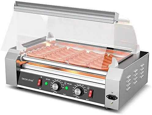

Hot Dog Roller Machine Commercial 7 Roller Grill Hot Dog Warmer Cooker Machine Stainless Steel with Dual Temp , Detachable Glas