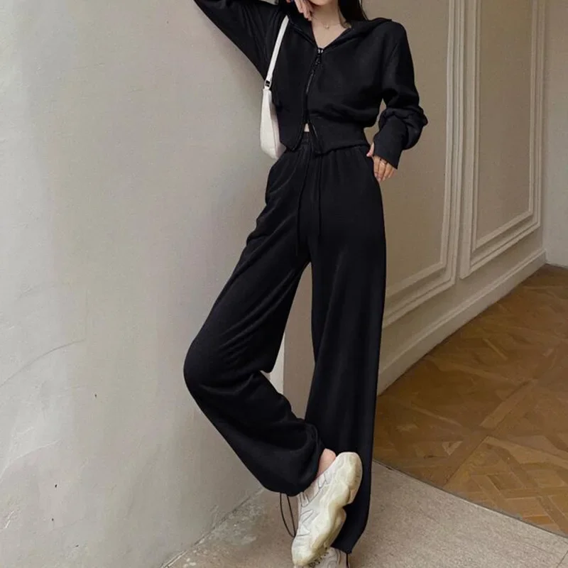 New Fashion Women Short Sweatshirt Pants Set Autumn Loose High-waisted Hoodie Double Zipper Trend Women's Casual Two-piece Set