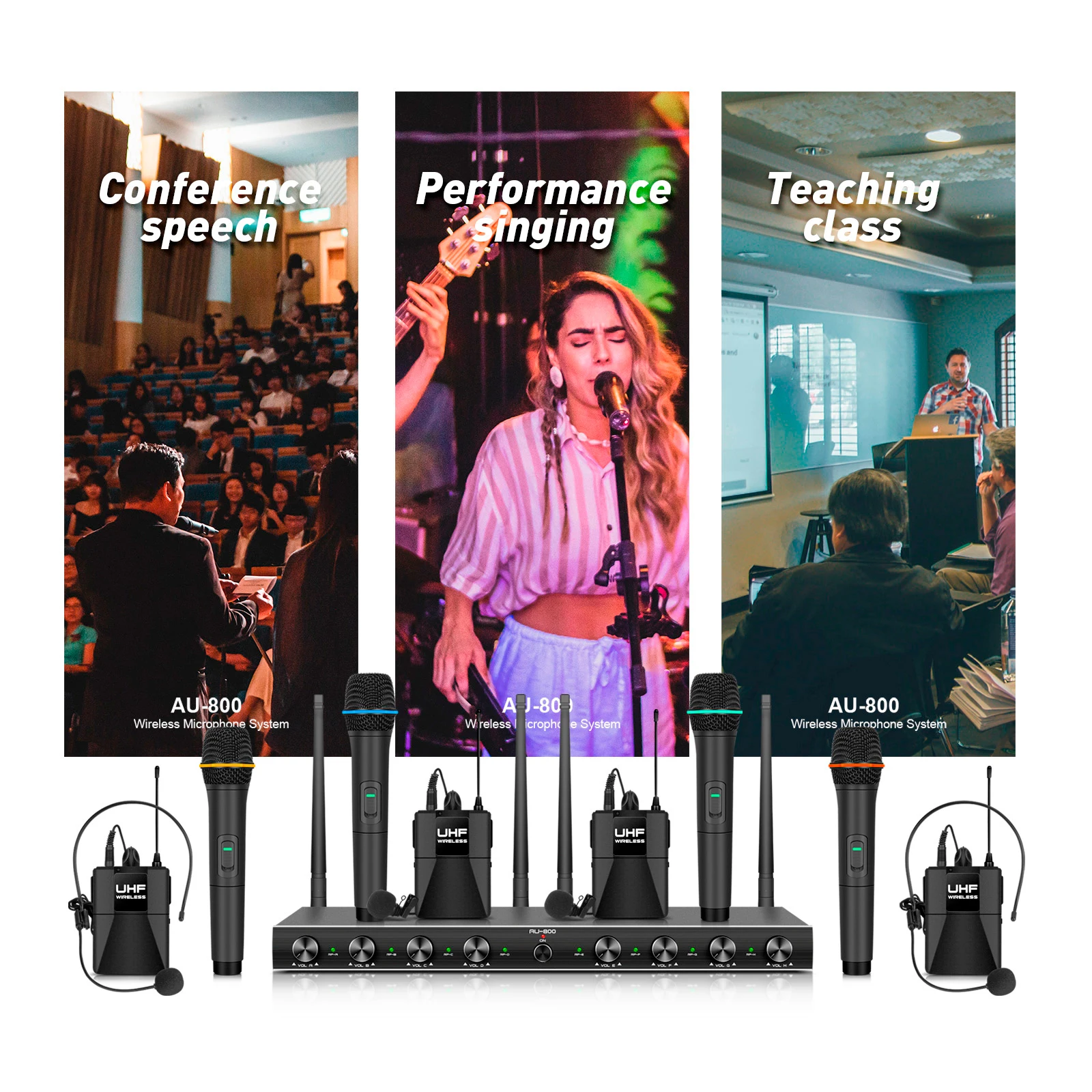 AU 800 UHF Professional Wireless Microphone System for Stage Performance, Karaoke, Handheld or Lavalier Microphone and Headset