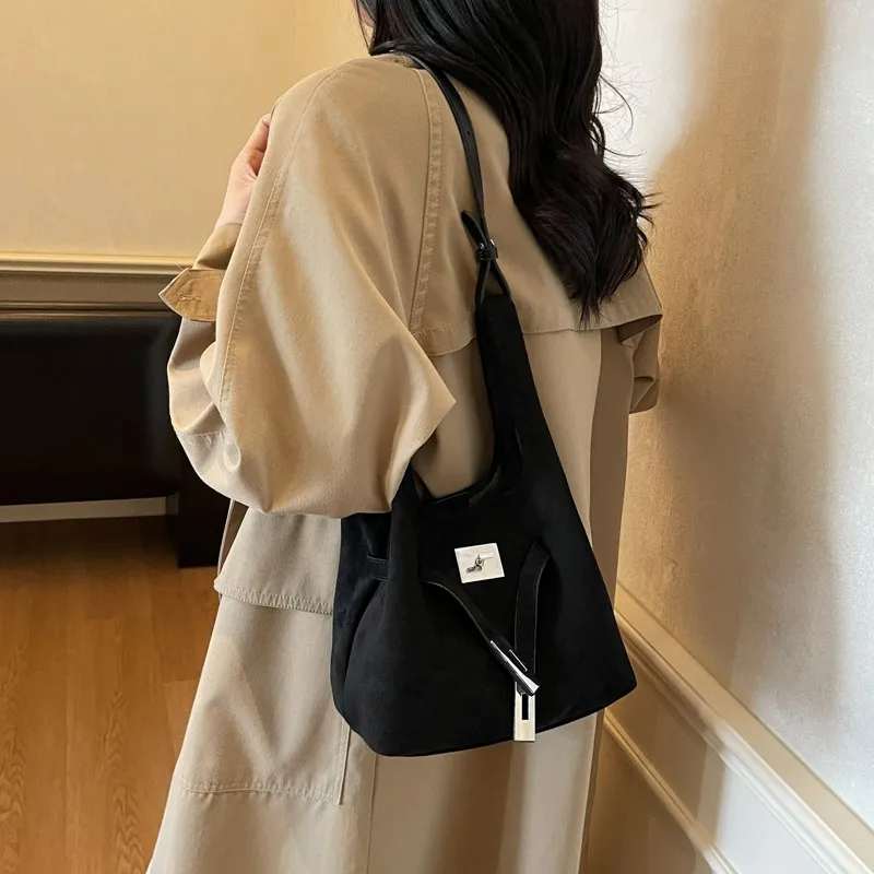 Faux Suede Vintage Tote Bag Large Capacity Casual Handbag Solid Color Simple Crossbody Bag Travel Shopping Date Handbag